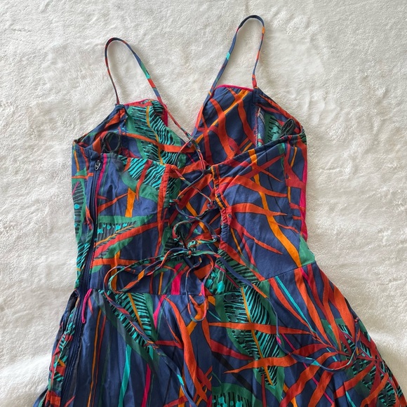 Vintage 80s Rare Joseph Magnin Palm Leaf Lace Up Back Midi Dress - Picture 5 of 10